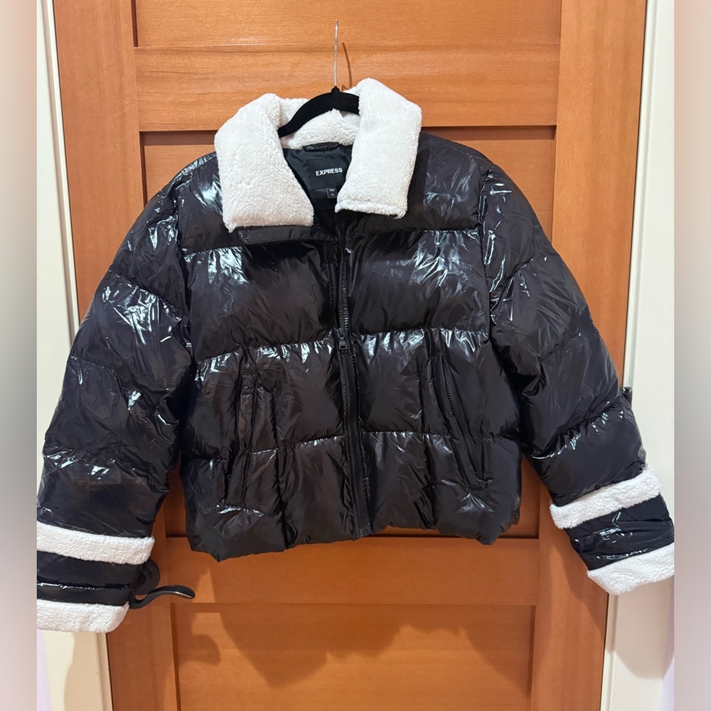 Express Black Glossy Puffer Jacket with Sherpa Trim
